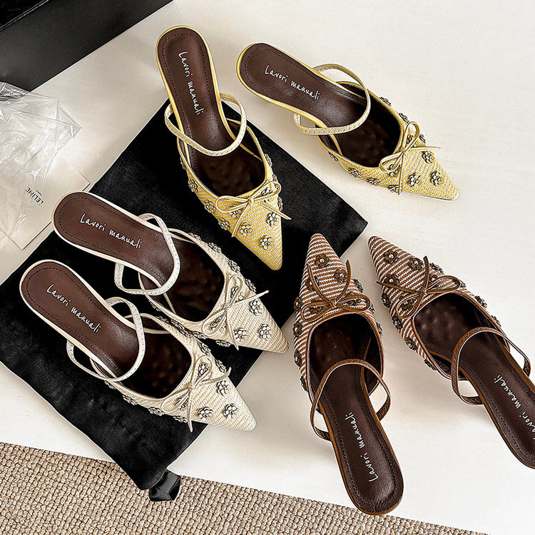 Karin Luna In Stock Spot Goods  Elegant Floral Pointed Toe Rhinestone Slippers