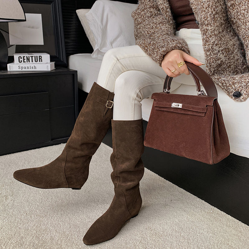 Karin Luna In Stock Spot Goods Vintage Cowhide Leather Chunky Heel Height Increasing Long Boots