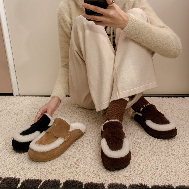 Karin Luna In Stock Look~This is such thick lamb wool Winter Atmosphere！Cowhide Leather Lamb Wool Round Toe Flat Sole Half Support！