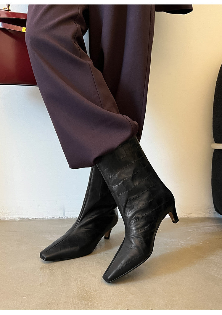Karin Luna In Stock Spot Goods Top Layer Stone Pattern Cowhide Textured Small Square Toe Straight Short Boots