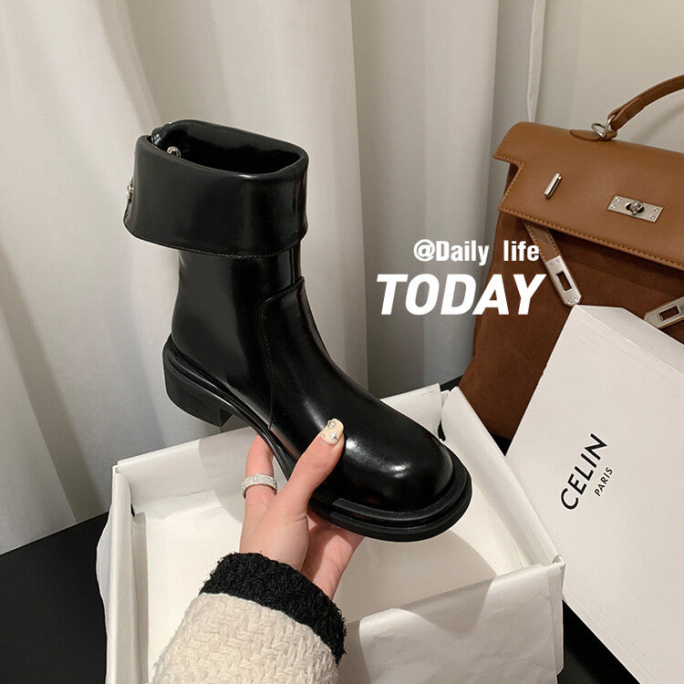 Karin Luna Classic Basic Style   Convertible Foldable Hidden Buckle Snow Fur Shoes Full cowhide Basic Flat Short Boots