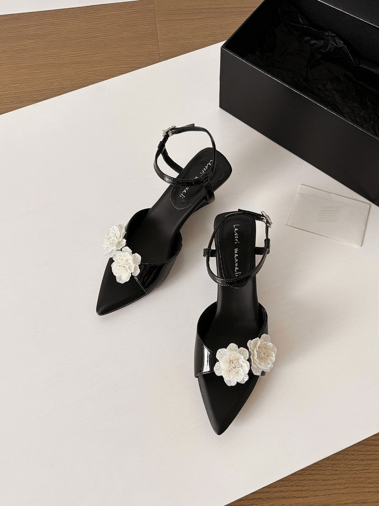 Karin Luna In Stock Spot Goods  Classic Camellia Pointed Toe Elegant Irregular Heel Sandals