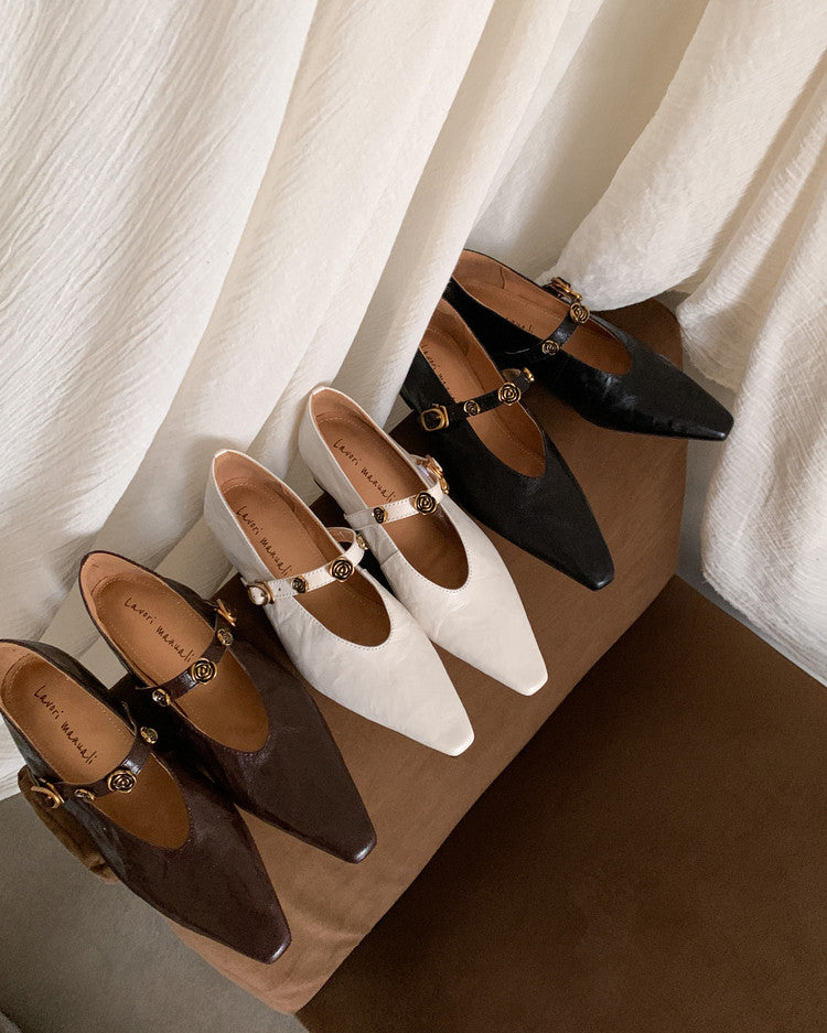 Karin Luna In Stock Spot Goods    Retro Classic Metal Camellia Irregular Heel Single Shoes