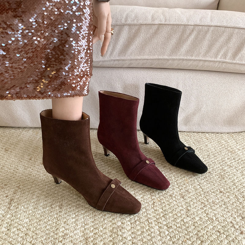 Karin Luna Elegant Style Small Square Toe Belt Buckle Thin Heel Short Boots