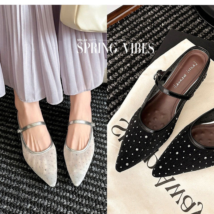 Karin Luna In Stock Spot Goods  Breathable Mesh Fabric Embellished Hand Drill Pointed Toe Slippers