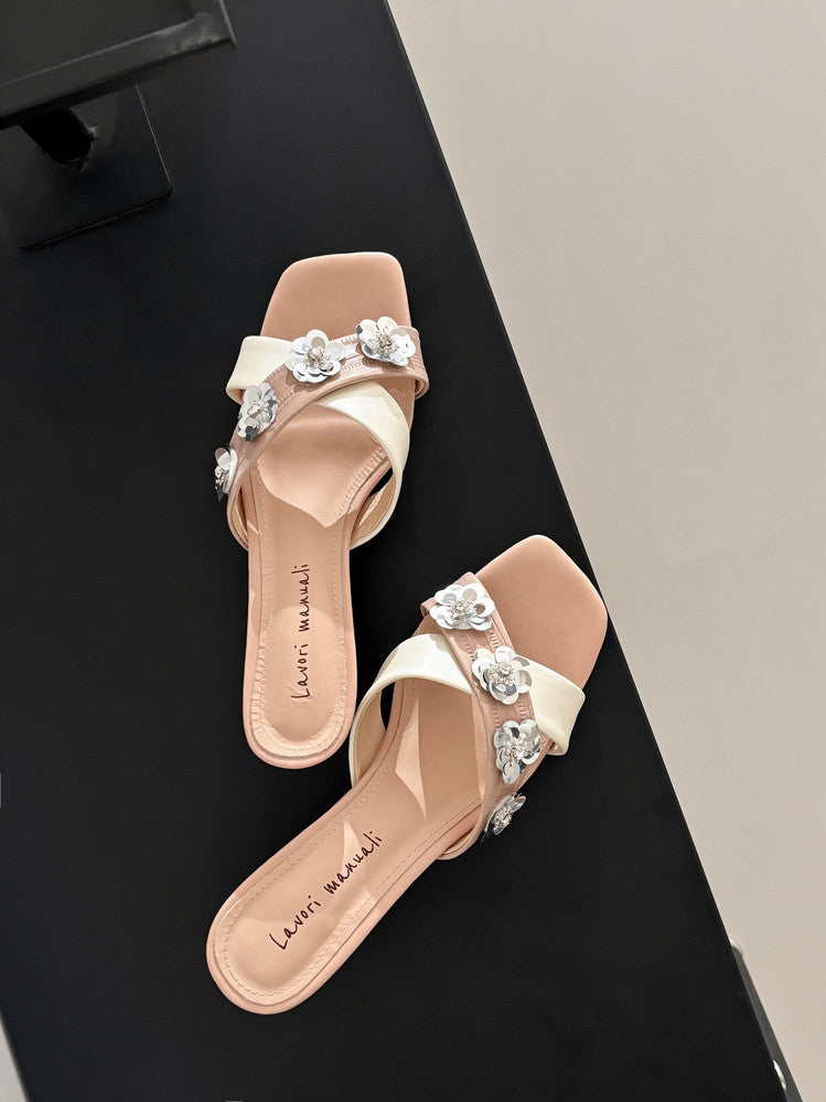 Karin Luna In Stock Spot Goods  Sequin Floral Cross Strap Square Toe Stiletto Slippers