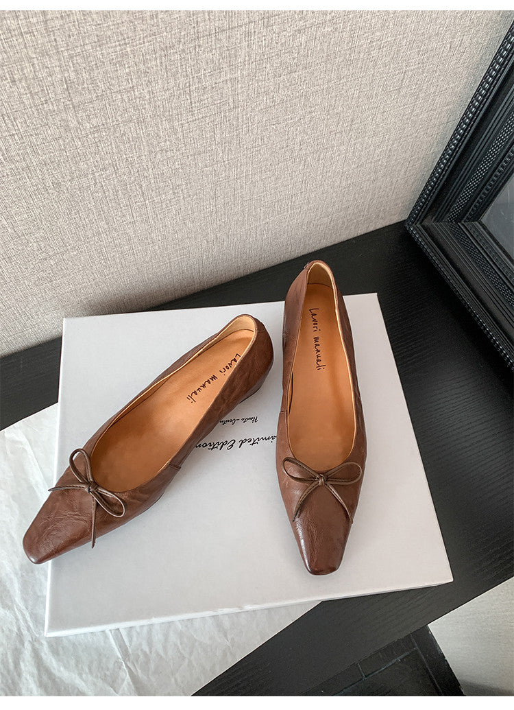 Karin Luna Full Layer Inside and Out~Basic Versatile Small Square Toe Butterfly Knot Irregular Heel Single Shoes