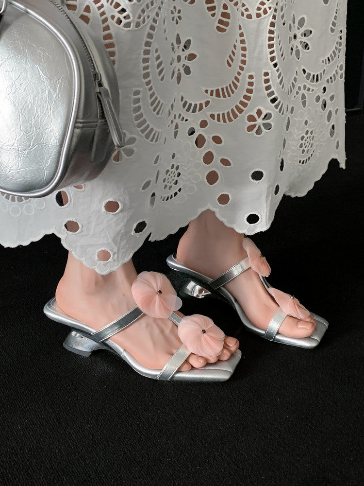 Karin Luna Hot-Selling Floral Square Toe Irregular Heel Floral Slippers