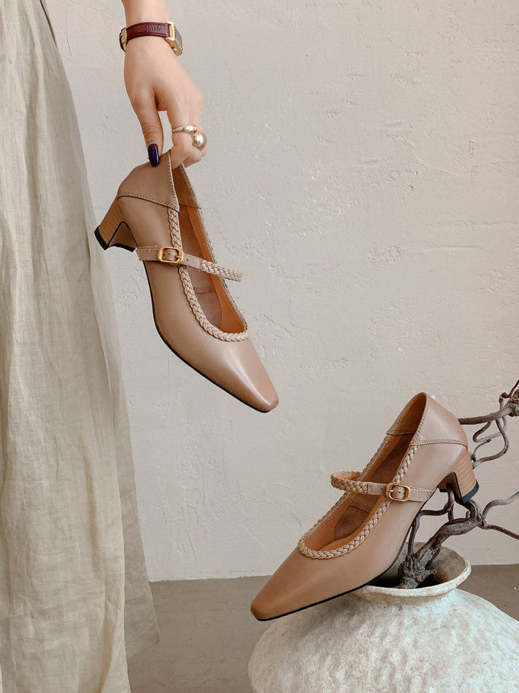 Karin Luna Braided Element Design Chunky Heel Square Toe Single Strap Shoes