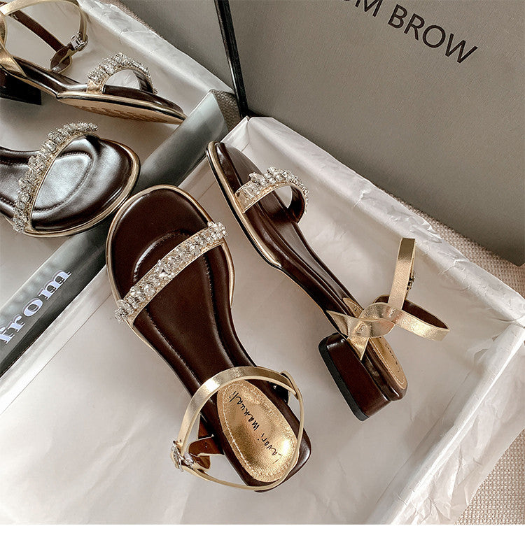 Karin Luna In Stock In Stock  Rhinestone Strap Round Toe Chunky Heel Sandals
