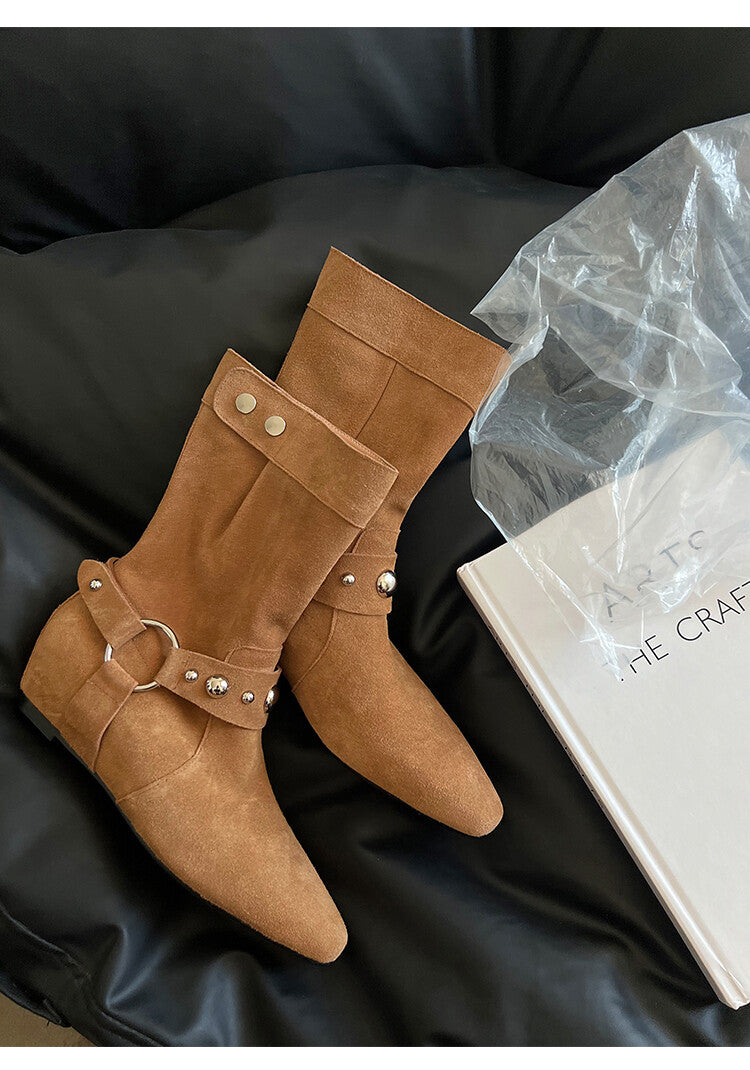 Karin Luna has prepared stock  Hot-Selling Retro Pointed Toe Wedge Metal Buckle High Tube Western Boots