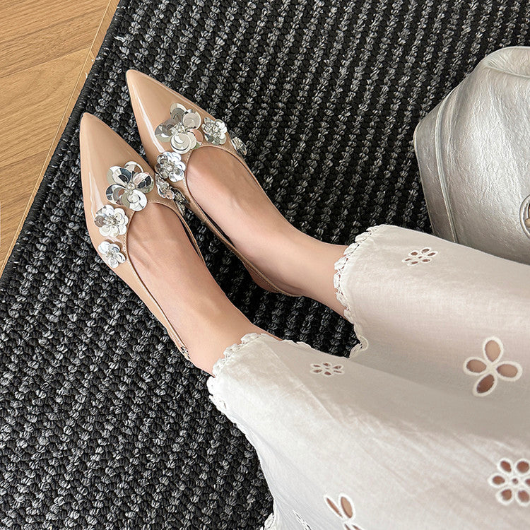 Karin Luna In Stock In Stock  Sequin Floral Pointed Toe Chunky Heel Closed-Toe Sandals