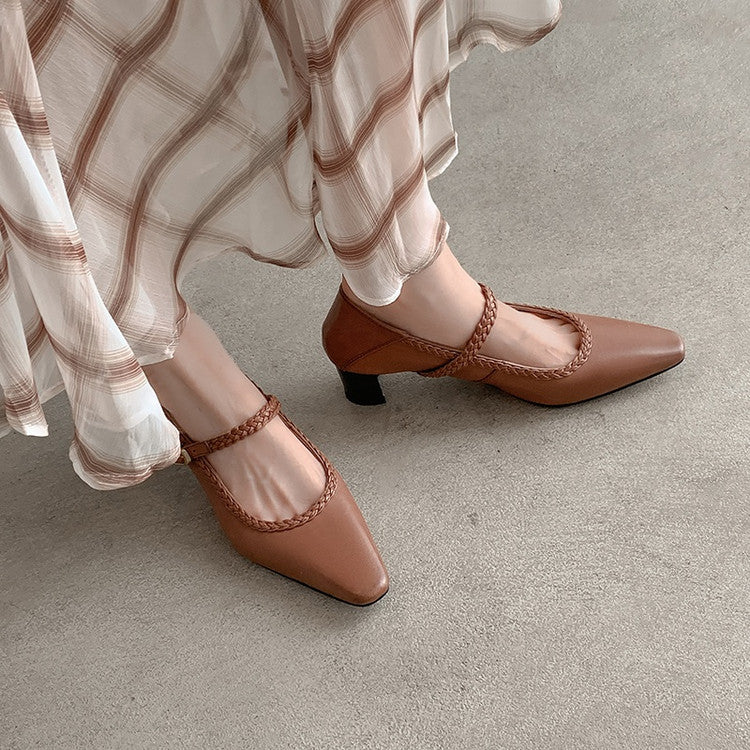 Karin Luna Braided Element Design Chunky Heel Square Toe Single Strap Shoes