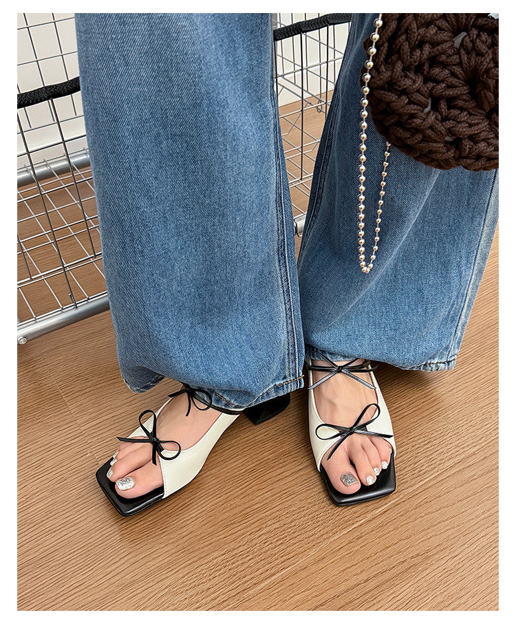 Karin Luna In Stock Spot Goods Square Toe Double Bow Thick Heel Sandals