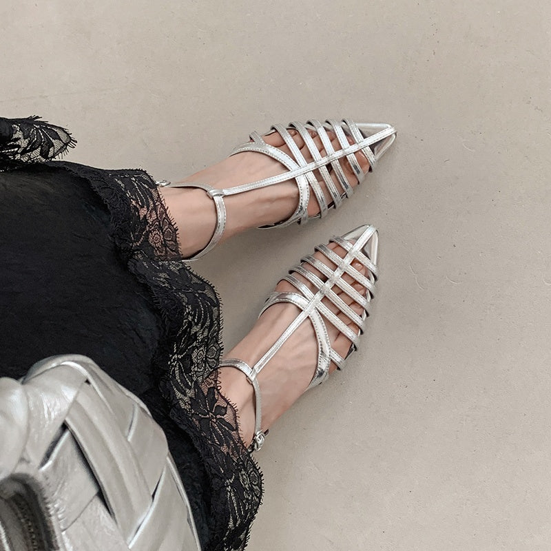 Karin Luna French Hollow Toe Metal Heel Elegant Sandals