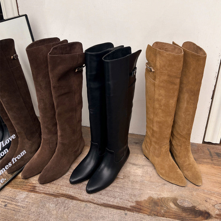 Karin Luna In Stock Spot Goods Vintage Cowhide Leather Two-Way Wear Pointed Toe Height-Increasing Long Boots