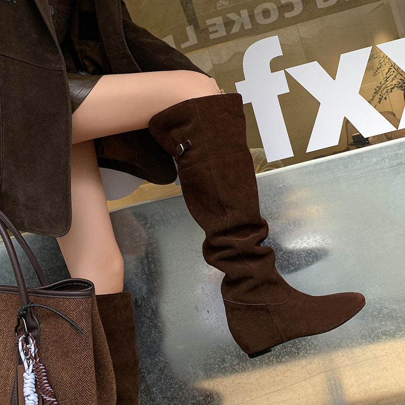 Karin Luna In Stock Spot Goods Vintage Cowhide Leather Two-Way Wear Pointed Toe Height-Increasing Long Boots