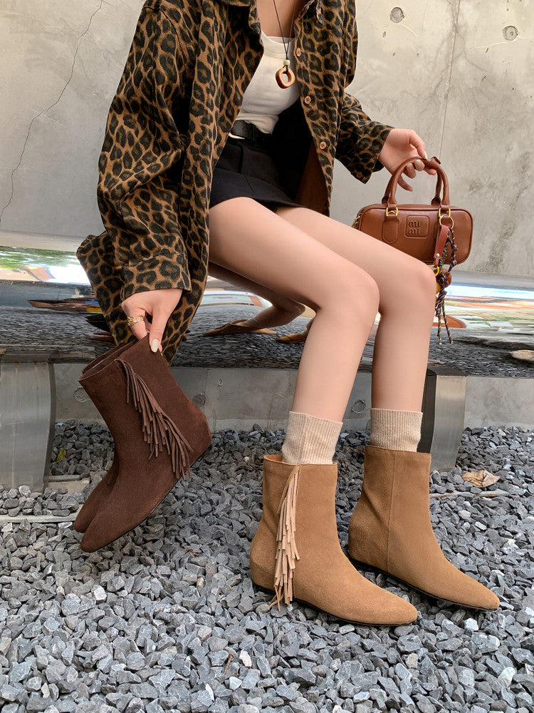 Karin Luna In Stock Spot Goods Tassel Square Toe Hidden Wedge Short Boots