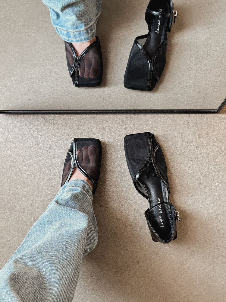 Karin Luna In Stock In Stock  Internet Celebrity Style Square Toe Mesh Chunky Heel Sandals