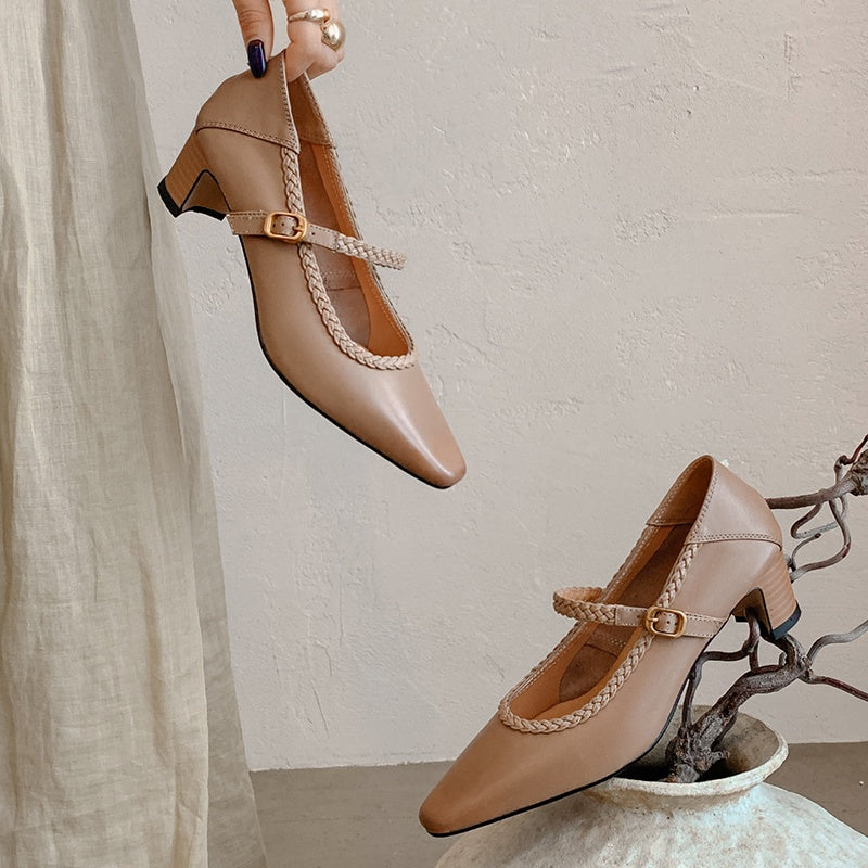 Karin Luna Braided Element Design Chunky Heel Square Toe Single Strap Shoes