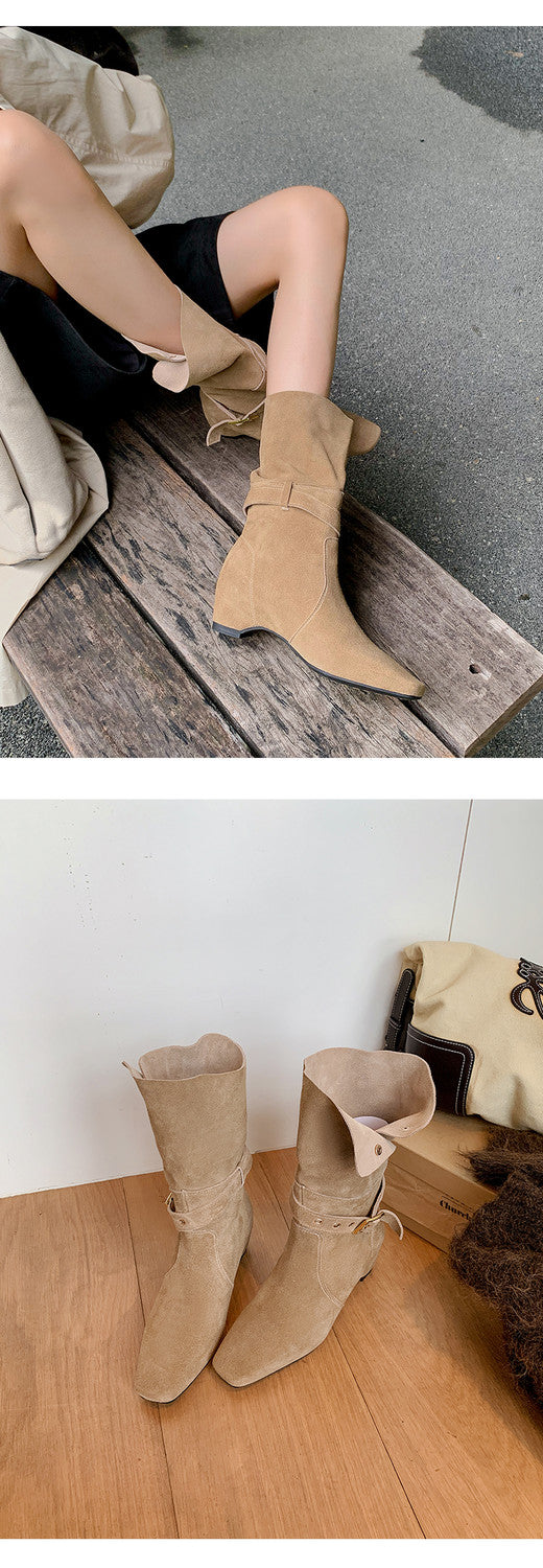 Karin Luna Foldable Belt Buckle Square Toe Hidden Wedge Short Boots