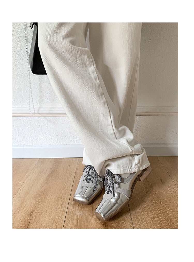 Karin Luna In Stock Spot Goods   Pig Nose Thin Strap Square Toe Patchwork Single Shoes