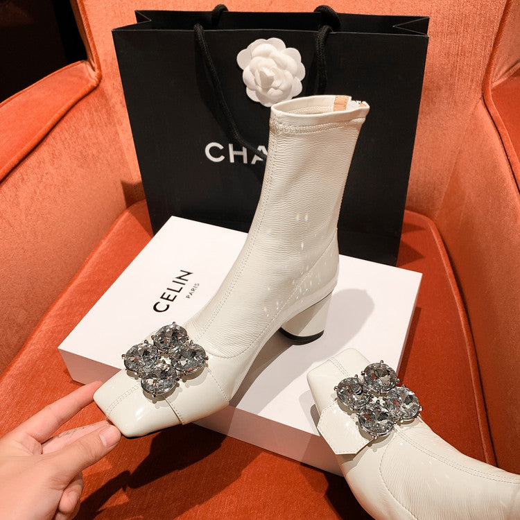 Karin Luna In Stock  Elegant Style Square Toe Rhinestone Chunky Heel Ankle Boots
