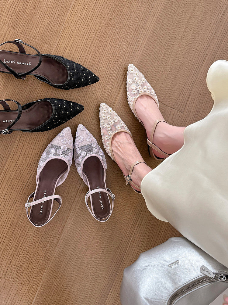 Karin Luna In Stock Spot Goods Embroidered Daisy Sheepskin Mesh Elegant Closed-Toe Slippers