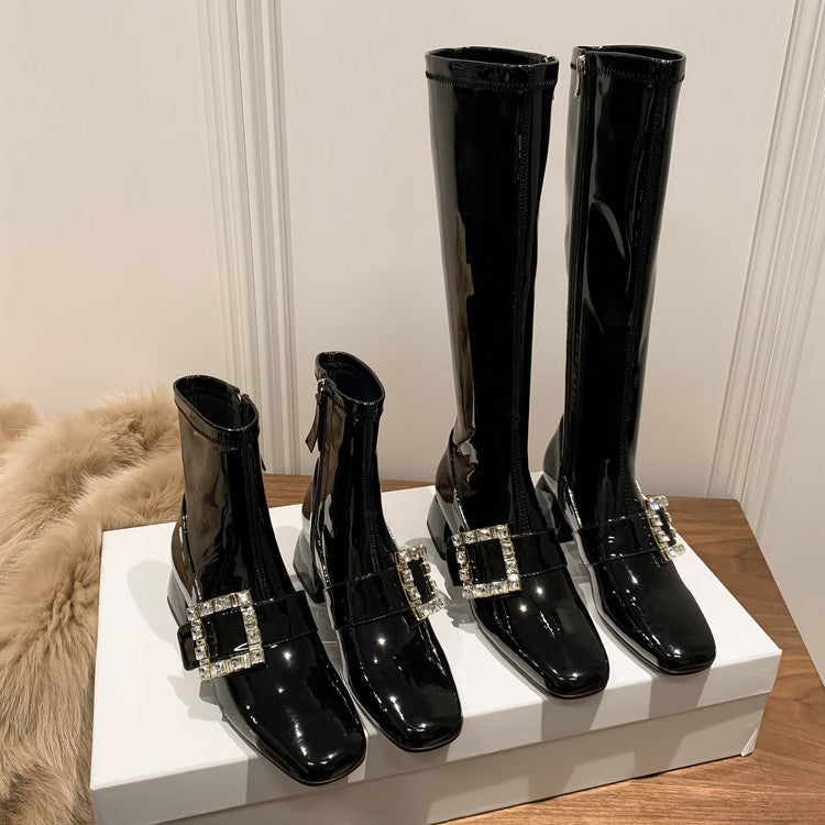 Karin Luna Elegant Style Ultra Slimming Rhinestone Chunky Heel British Style Riding Boots Long Boots