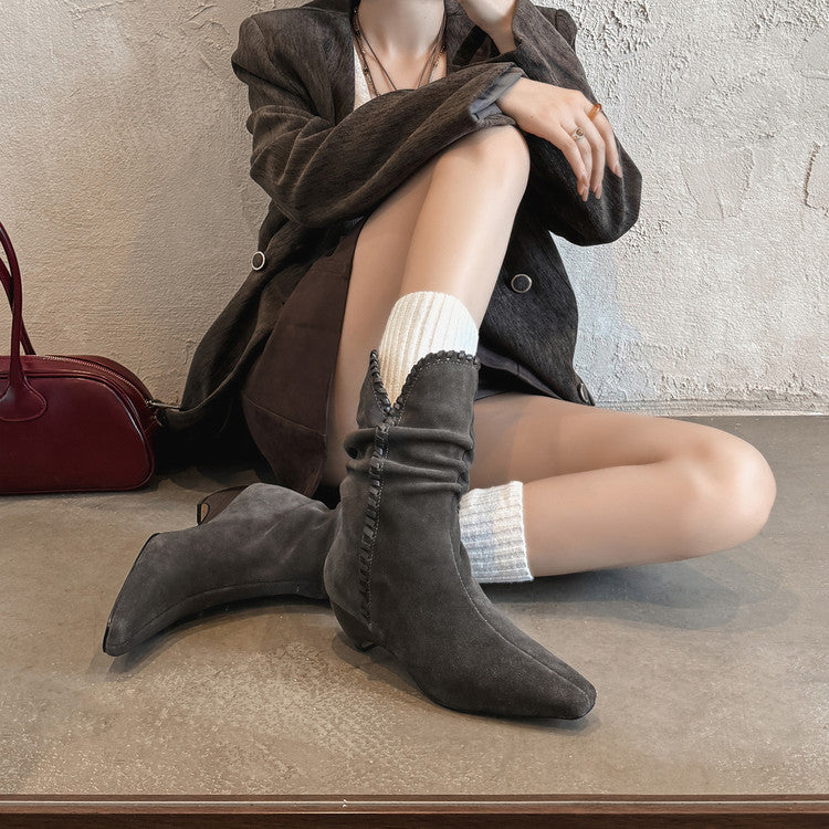 Karin Luna Elegant Style Small Square Toe Pleated Short Boots