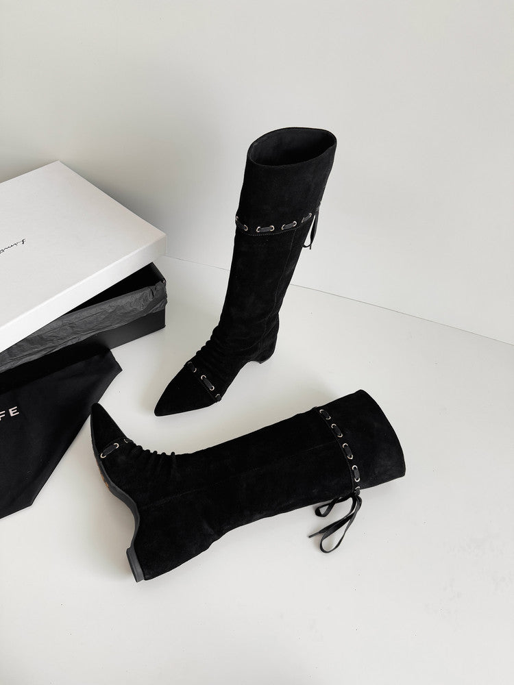 Karin Luna Elegant Style  Pointed Toe Pleated Hidden Wedge Western Boots
