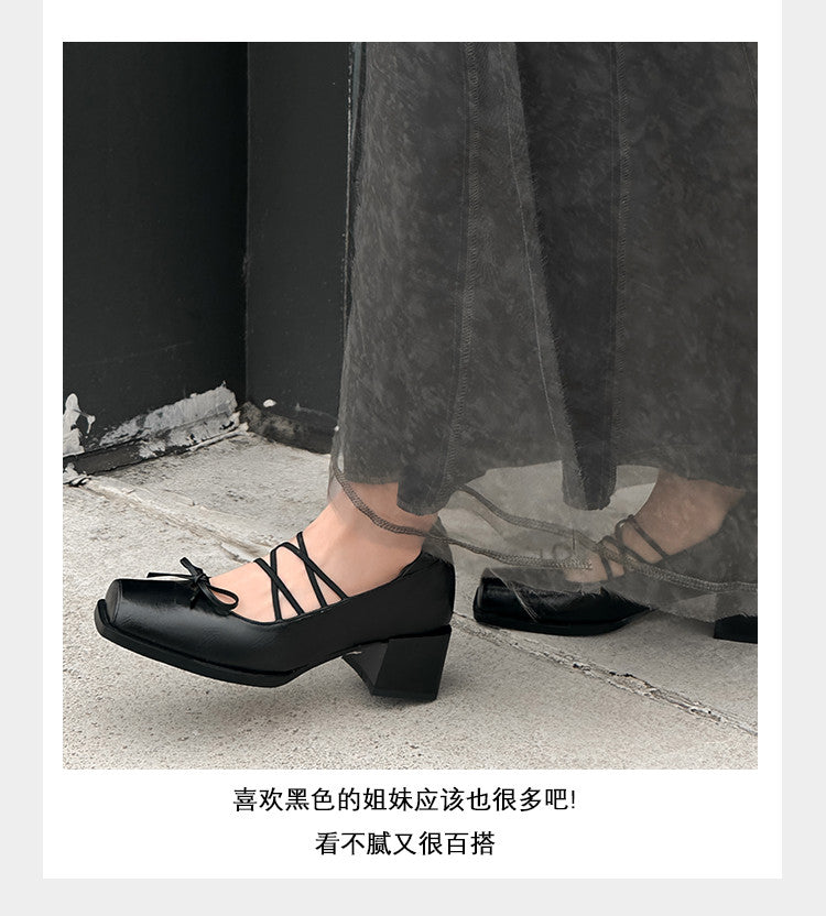 Karin Luna In Stock Spot Goods  Popular Self-flowing Bowknot Square Toe Chunky Heel Single Shoes