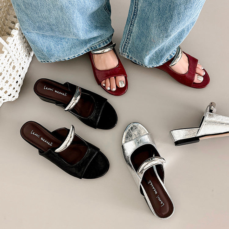 Karin Luna In Stock Spot Goods  Metal Buckle Round Toe Strap Slippers