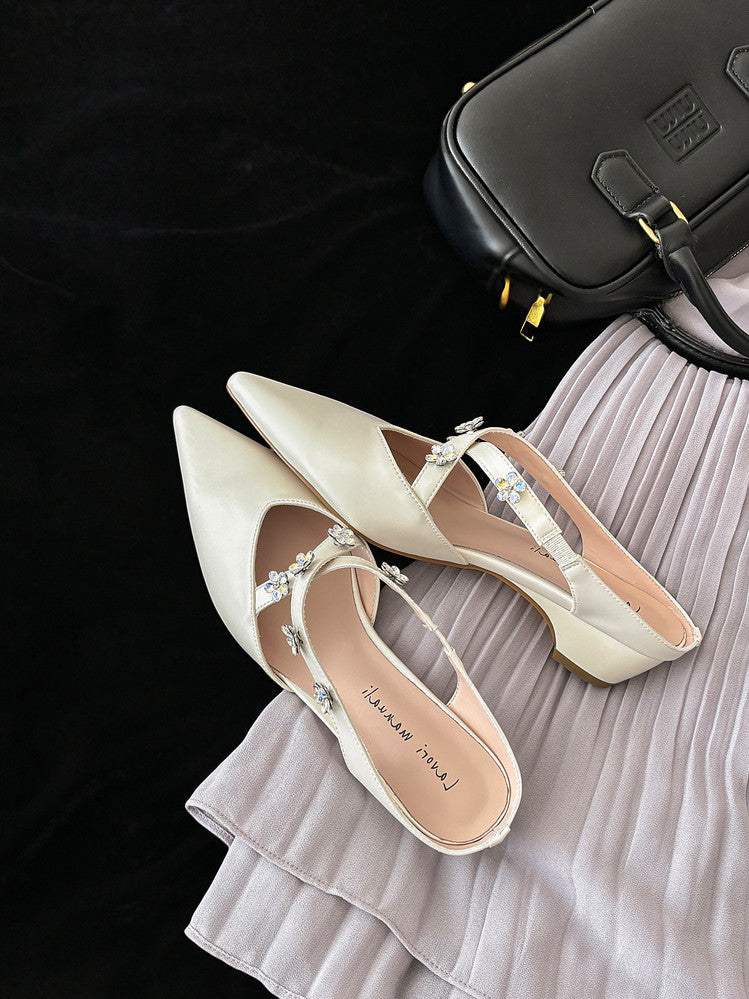 Karin Luna Elegant Pointed Toe Rhinestone Flower High Heel Mules