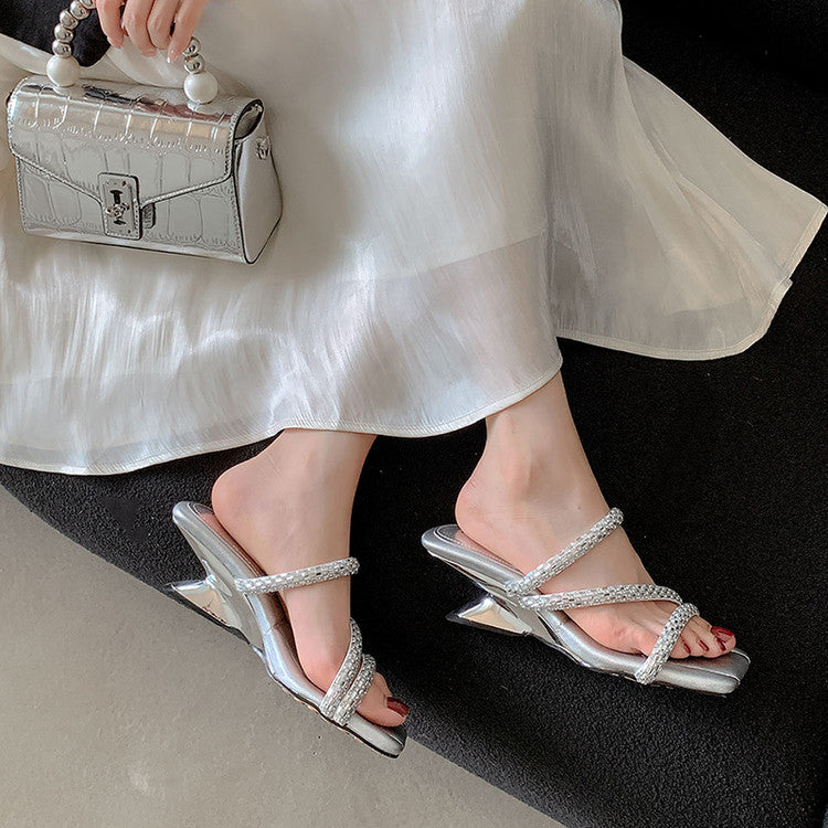Karin Luna In Stock Spot Goods  Rhinestone One-Strap Irregular Heel Square-Toe Slippers