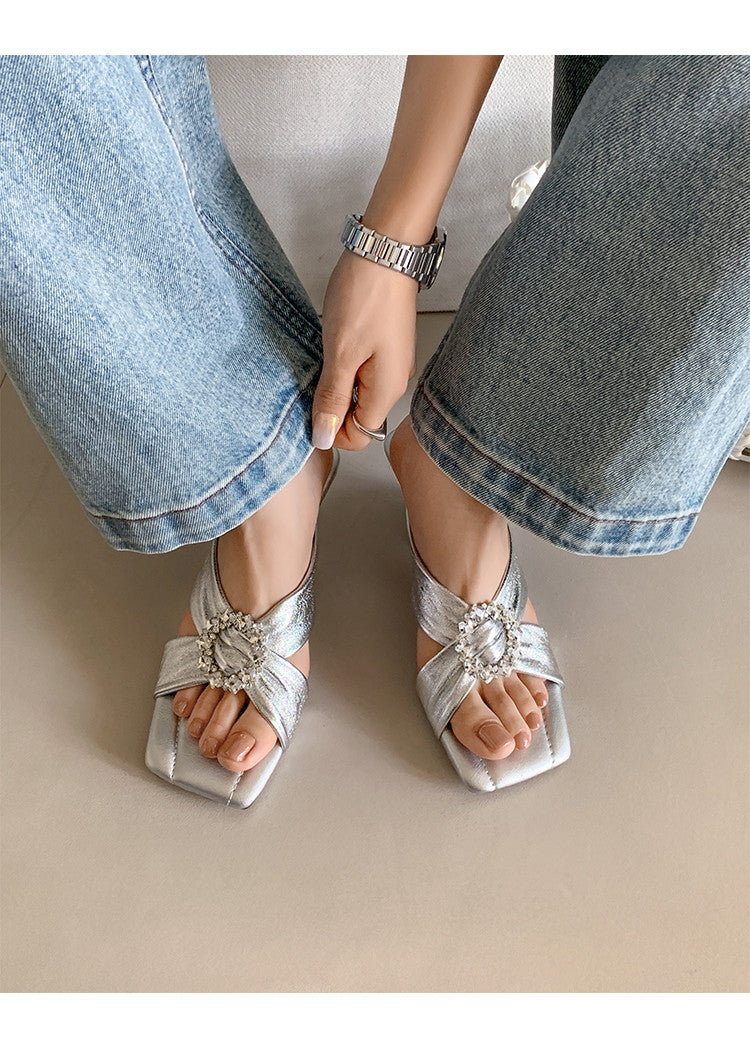 Karin Luna In Stock In Stock Elegant Square-Toe Cross-Strap Rhinestone Square-Toe Slippers