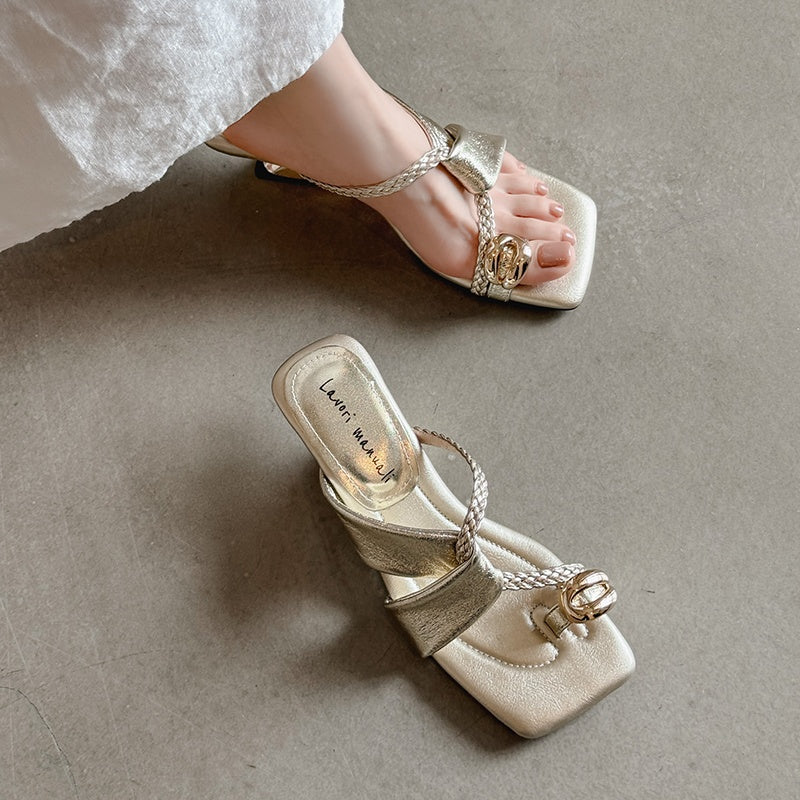 Karin Luna Braided Style ~Cross Strap Square Toe Irregular Heel Slippers