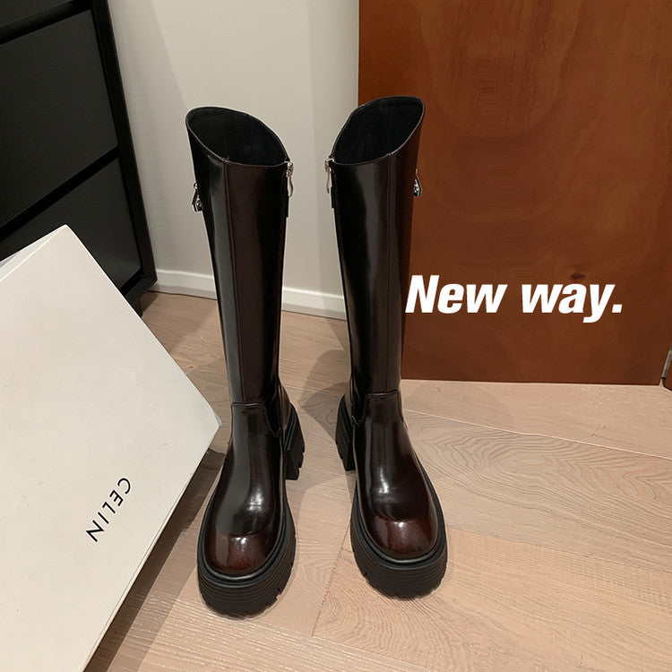Karin Luna In Stock In Stock  Round Toe Thick Sole Belt Buckle Side Zipper Knight Boots