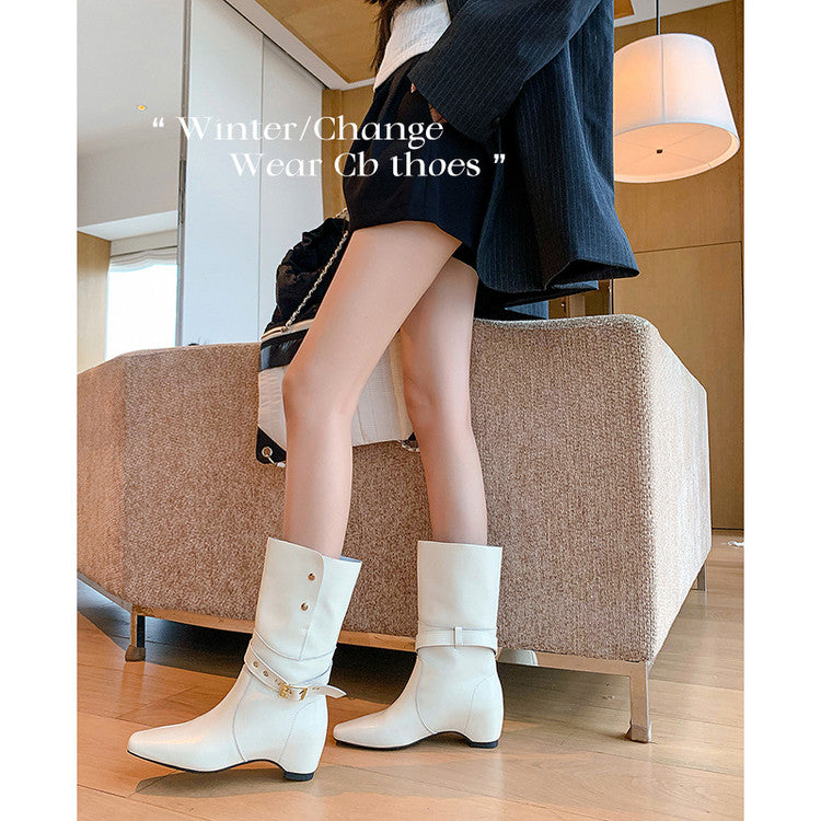 Karin Luna Foldable Belt Buckle Square Toe Hidden Wedge Short Boots