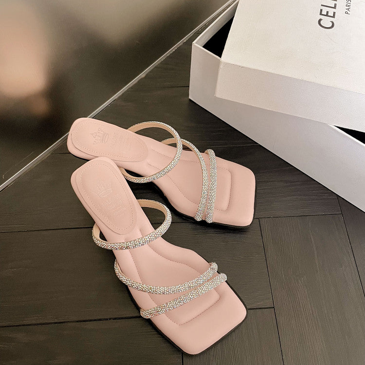 Karin Luna In Stock Spot Goods  Minimalist Versatile Square Toe Rhinestone Strap Open-Toe Sandals