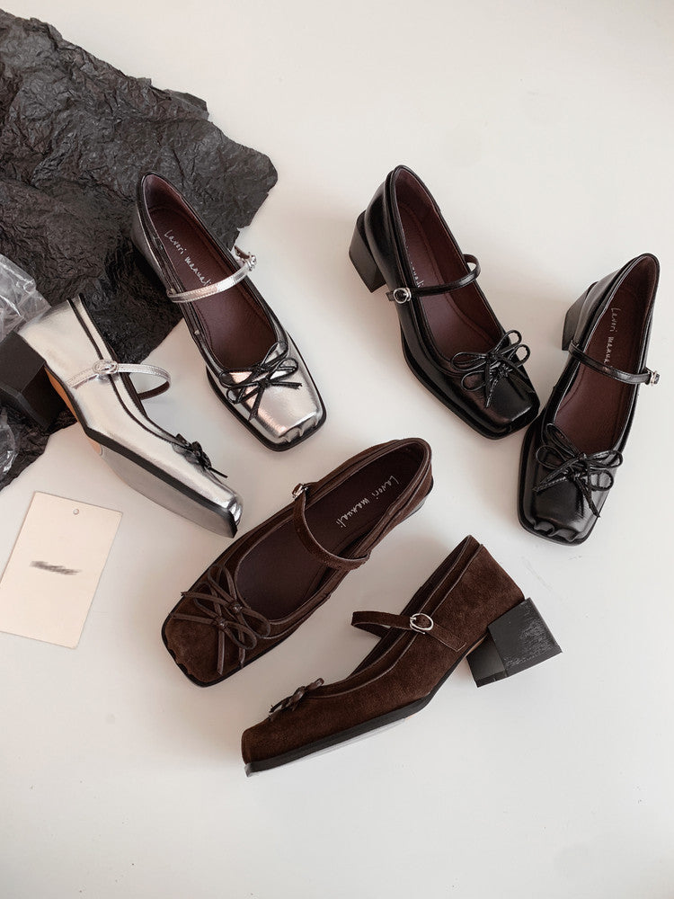 Karin Luna In Stock Spot Goods   One-strap Bowknot Square Toe Chunky Heel Mary Jane Shoes