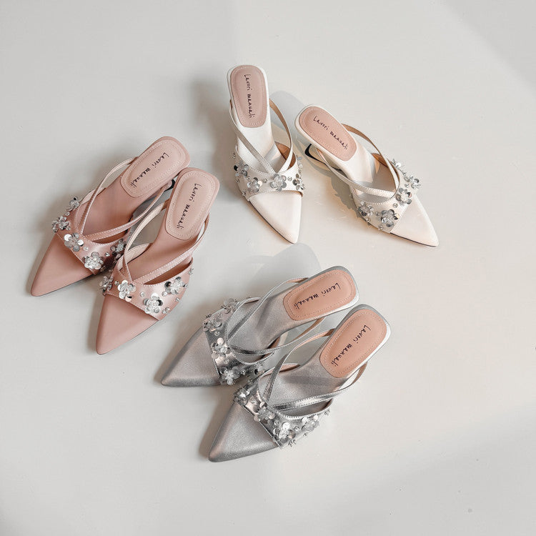 Karin Luna Bestseller Sequin Elements Elegant Pointed Toe Irregular Heel Slippers