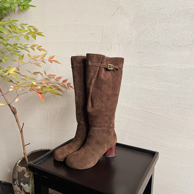 Karin Luna In Stock In Stock Mango Head Large Tube Belt Buckle Chunky Heel Long Boots