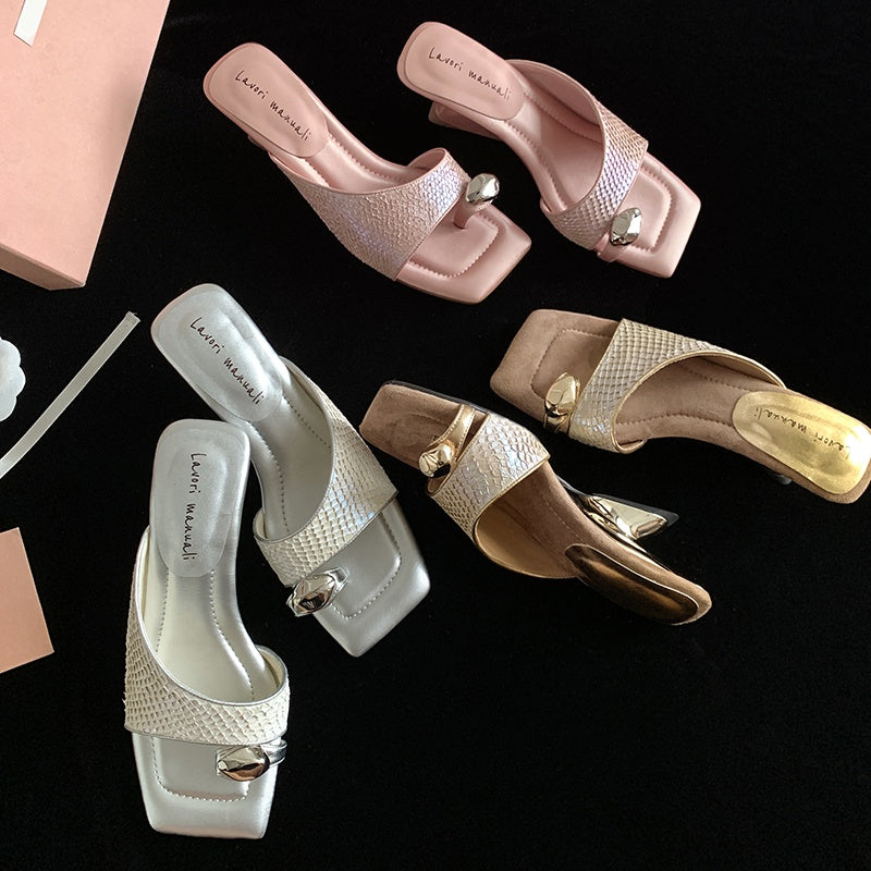 Karin Luna Fish Skin Series~Minimalist Square Toe Popular Irregular Heel Slippers