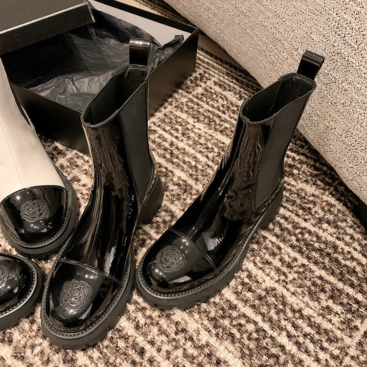 Karin Luna In Stock Spot Goods  Classic Embroidered Camellia Round Toe Thick Sole Chelsea Boots