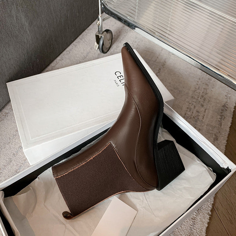 Karin Luna In Stock Spot Goods   Elegant Pointed Toe Chunky Heel Ankle Boots