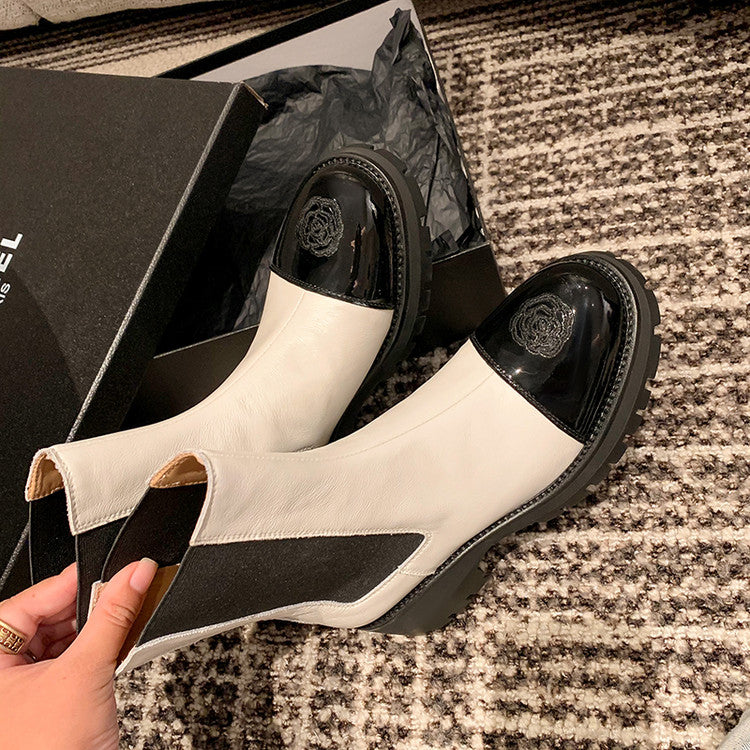 Karin Luna In Stock Spot Goods  Classic Embroidered Camellia Round Toe Thick Sole Chelsea Boots