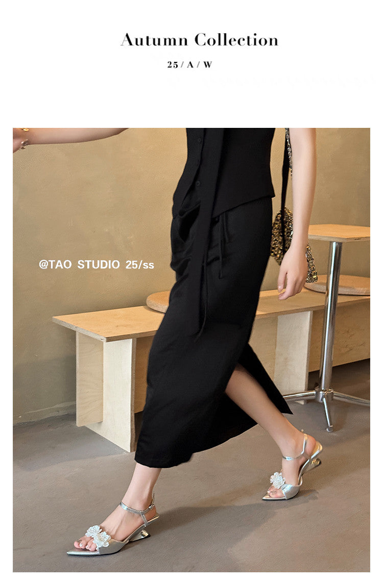Karin Luna In Stock Spot Goods  Classic Camellia Pointed Toe Elegant Irregular Heel Sandals