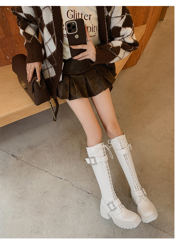 Karin Luna In Stock Spot Goods Bestselling Extended Version Rhinestone Square Buckle Thick Sole Lace-up Thick Sole Full Cowhide Knight Boots