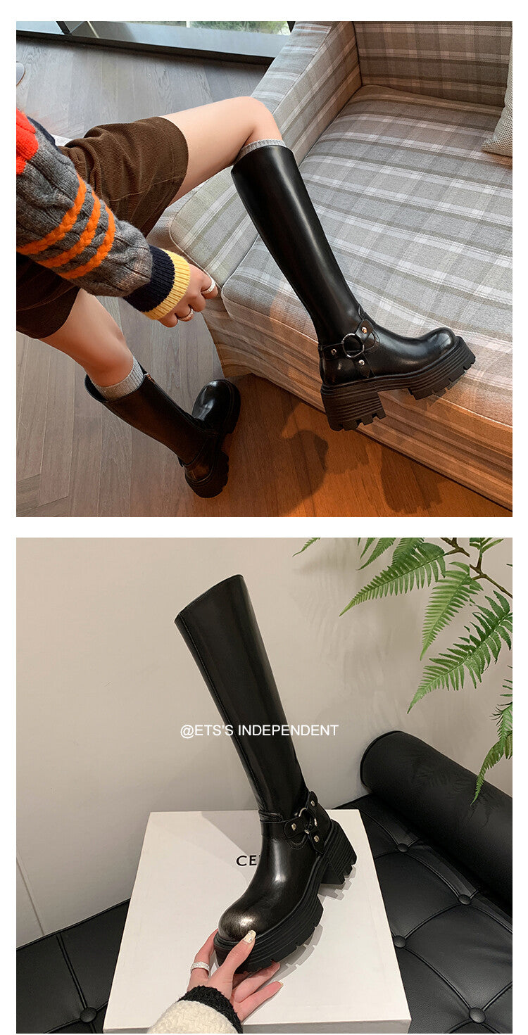 Karin Luna In Stock In Stock Slimming Diagonal Cut Tube Top  Best-selling in stock Retro Metal Buckle Thick-Soled Long Boots